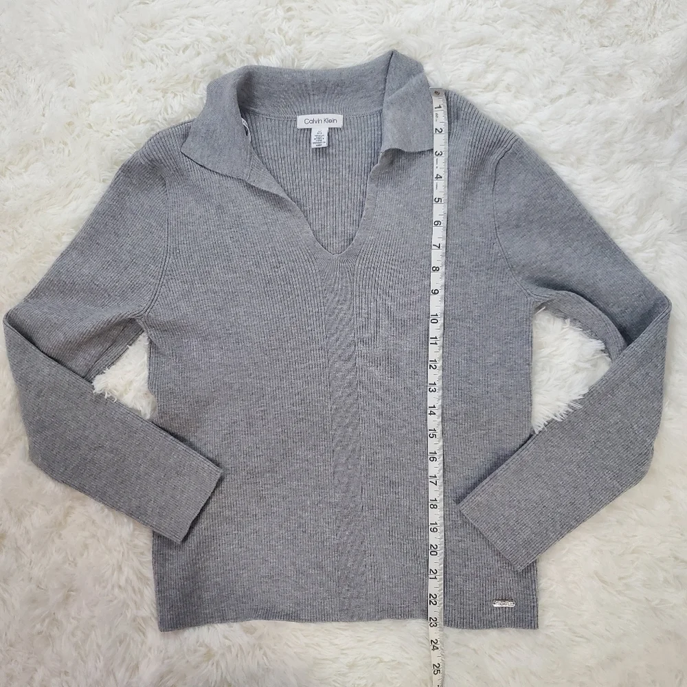 Calvin Klein Size L Gray Ribbed Knit V-Neck Polo Collar Long Sleeve Sweater